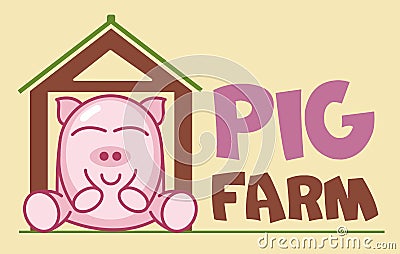 Vector Logo of Ñute funny smiling cartoon pig sitting in a barn. Modern humorous logo template with image of the farm animal. Vector Illustration